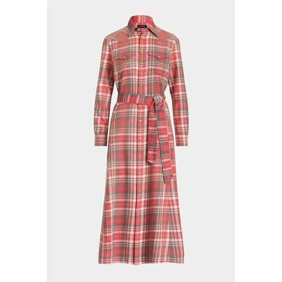 NWT Polo Ralph Lauren Maxi in Red White Plaid Snap Down Western Shirt Dress 10 - Picture 1 of 7